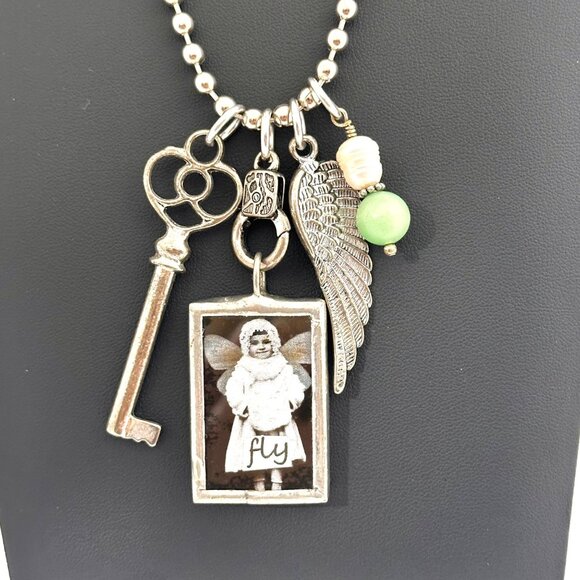 Vintage-Inspired Charm Necklace With Inspirational Quote on Large Ball Chain - Picture 2 of 7